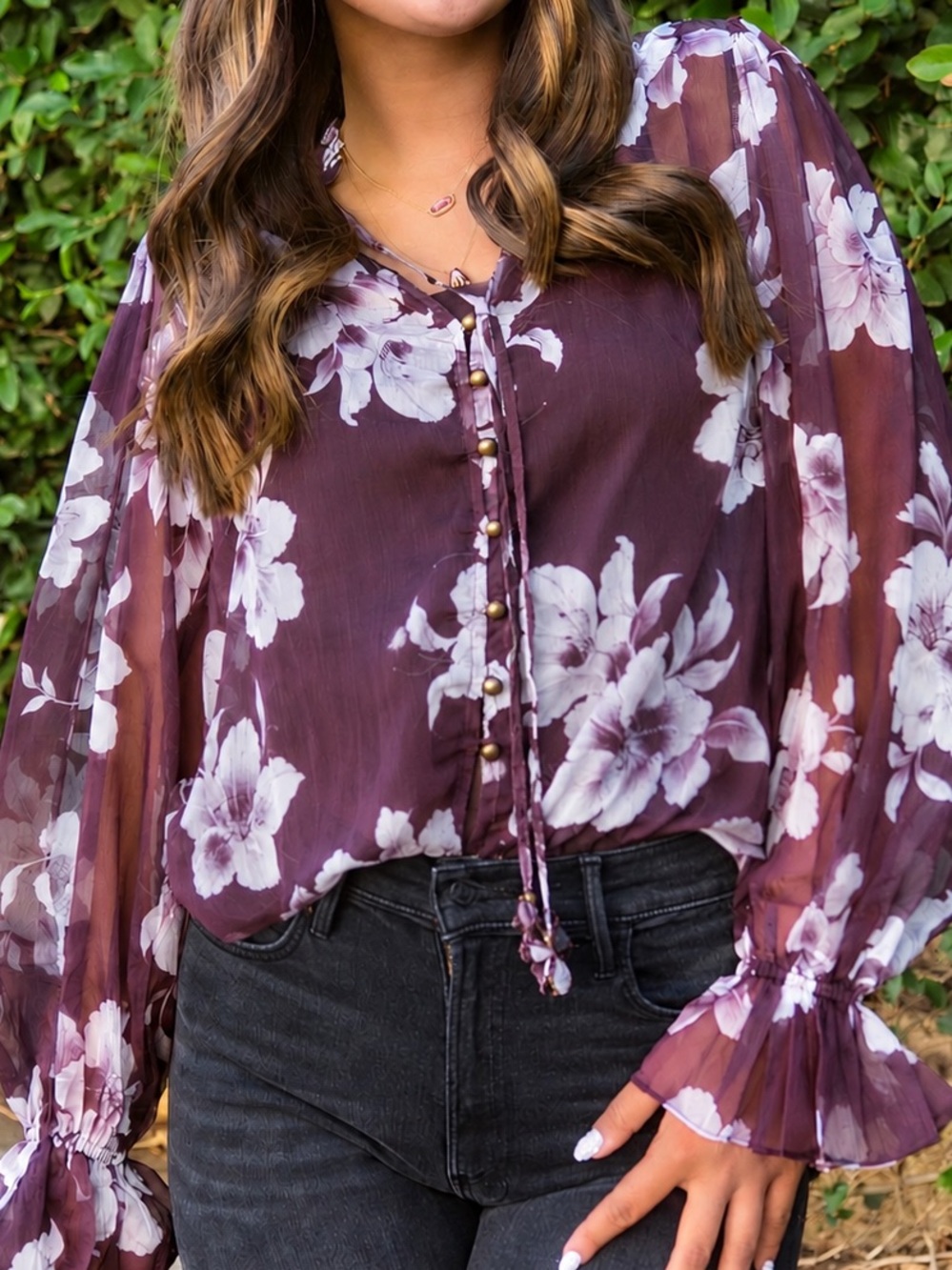En Saison Floral Blouse Sheer Chiffon Ruffle Sleeve Plum XS NWT